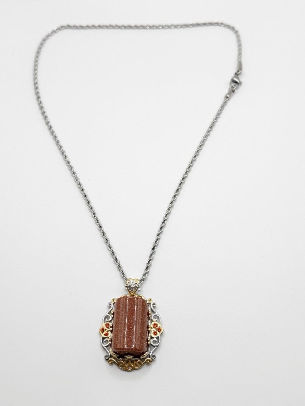 Gold & Silver Tone Stainless Steel Goldstone Pendant Chain Necklace - Picture 2 of 5